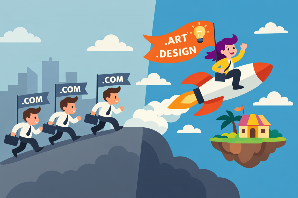 Люди з прапорами .com підіймаються вгору, тоді як дівчина летить на ракеті з прапором “.art, .design" у напрямку окремого острова з будинком, залишаючи конкурентів позаду.