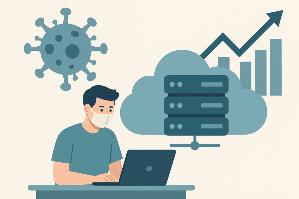 Чоловік у масці працює за ноутбуком, поруч іконки пандемії, хмарної інфраструктури та зростаючих графіків.