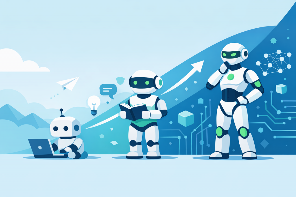 Еволюція штучного інтелекту у вигляді роботів, що переходять від простих задач до складного аналізу та навчання.