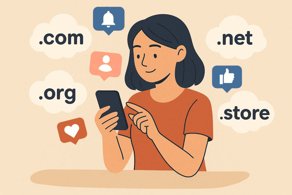 Жінка з телефоном обирає доменну зону серед варіантів .com, .net, .org і .store.