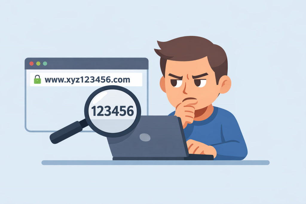 Чоловік за ноутбуком уважно розглядає адресу сайту з великою кількістю цифр через лупу, що символізує сумнів і перевірку надійності доменного імені.
