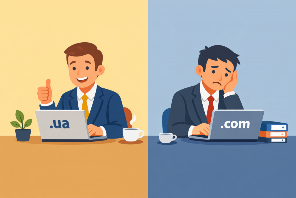 Два підприємці працюють за ноутбуками: ліворуч усміхнений чоловік з доменом .ua на екрані показує знак схвалення, праворуч засмучений чоловік з доменом .com виглядає невпевнено та втомлено.