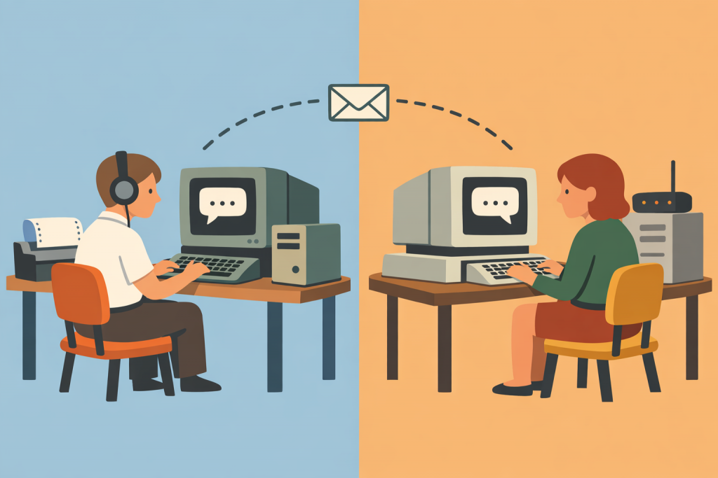 Двоє людей сидять за комп’ютерами різних поколінь у різних приміщеннях і обмінюються повідомленням електронною поштою, що позначено іконкою листа між ними.