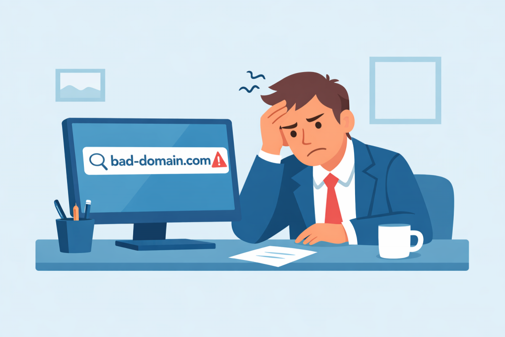 Чоловік у діловому одязі сидить за столом перед комп’ютером, на екрані якого відображено домен bad-domain.com із попереджувальним знаком, тримається за голову та виглядає занепокоєним.