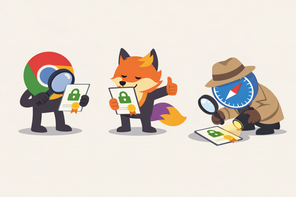 Три персонажі у вигляді браузерів Chrome, Firefox і Safari перевіряють SSL-сертифікат: один розглядає його через лупу, другий схвально оцінює, третій детально інспектує документ із ліхтариком.