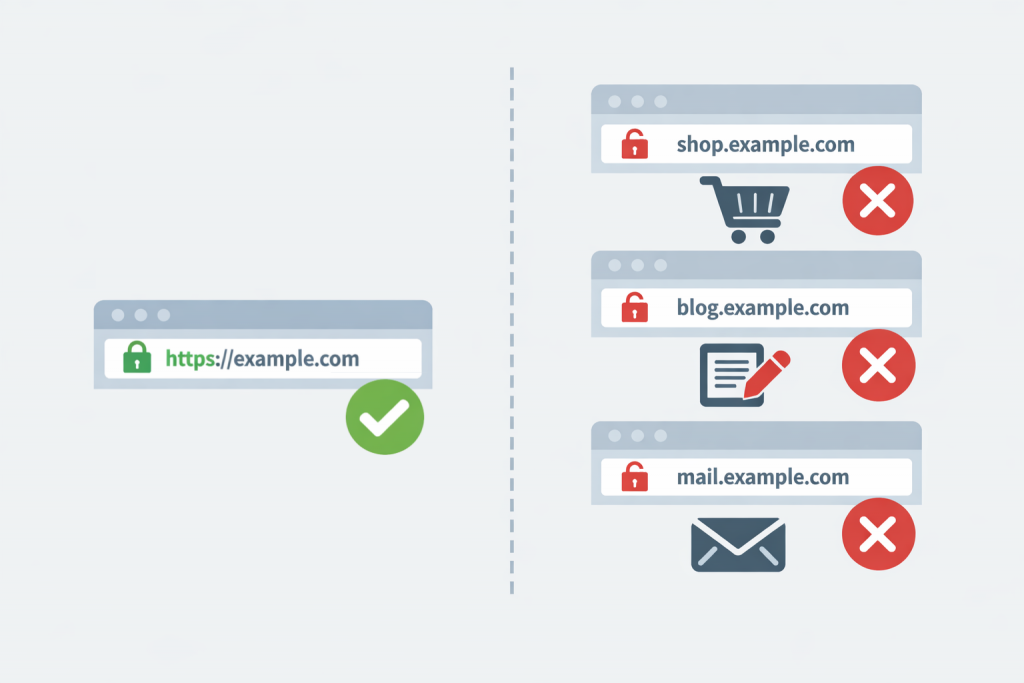 Основний домен із активним HTTPS та піддомени з помилками без захищеного з’єднання.