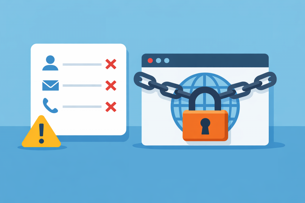 Сайт із замком і ланцюгом поруч зі списком контактних даних, позначених помилками та знаком попередження.