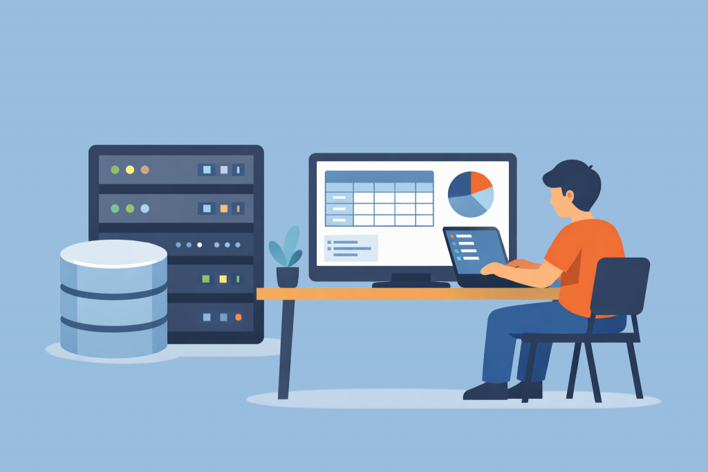 Людина за робочим столом працює з комп’ютером, підключеним до сервера та бази даних.