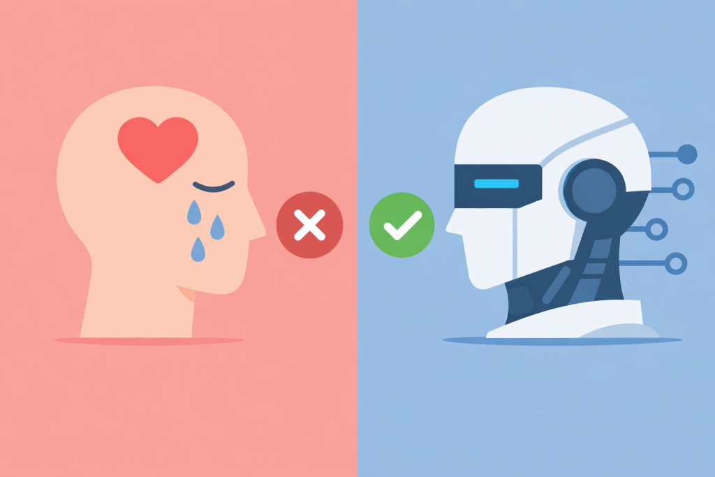 Порівняння людини з емоціями та штучного інтелекту без емоцій, поруч позначки помилки і правильного рішення.