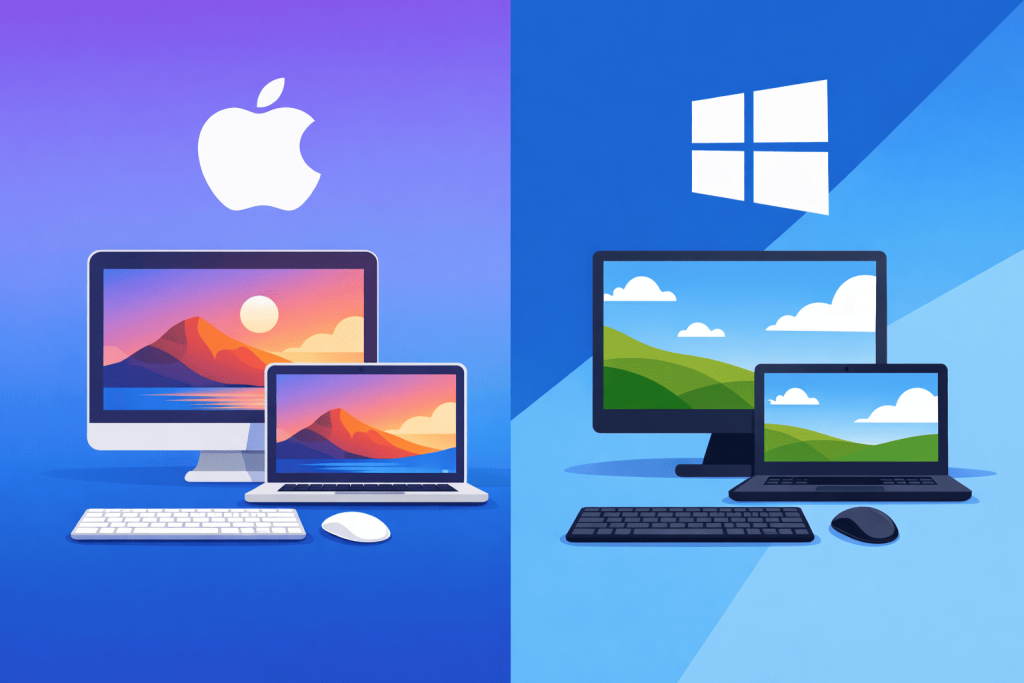 Порівняння комп’ютерів із macOS та Windows на різних пристроях – настільному комп’ютері та ноутбуці.