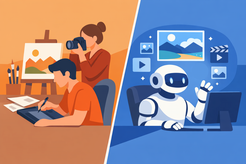 Порівняння традиційного створення контенту людьми та генерації зображень і медіа за допомогою штучного інтелекту.