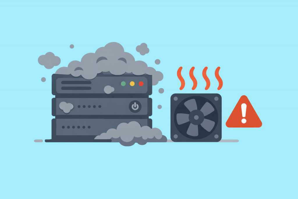 Сервер із накопиченим пилом, перегрів і вентилятор поруч як ознака проблем із охолодженням.
