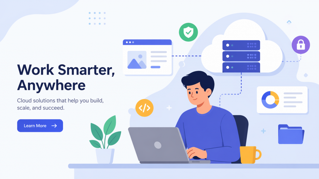 Приклад макету банера з людиною за ноутбуком, елементами хмарних сервісів, іконками безпеки, сервера та аналітики, flat стиль.