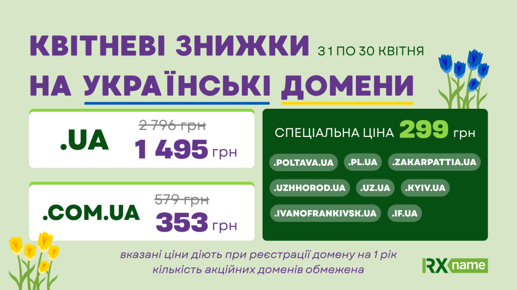 Банер із акційними цінами на домени .UA, .COM.UA та регіональні доменні зони зі спеціальною ціною 299 грн.
