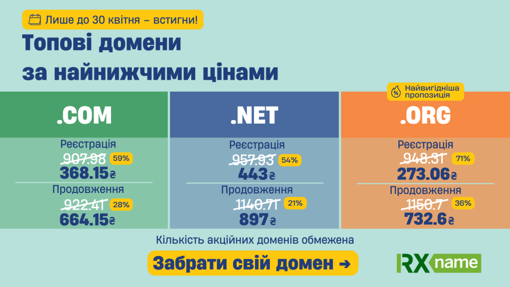 Банер із пропозицією акційних доменів .COM, .NET і .ORG із перекресленими старими та новими цінами, кнопкою «Забрати свій домен» і позначкою про обмежену кількість.