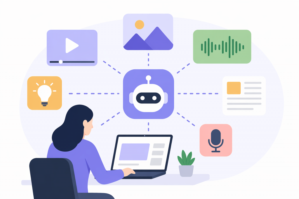 Людина за ноутбуком працює з цифровими інструментами, у центрі ШІ-асистент, навколо іконки відео, зображень, аудіо та тексту.