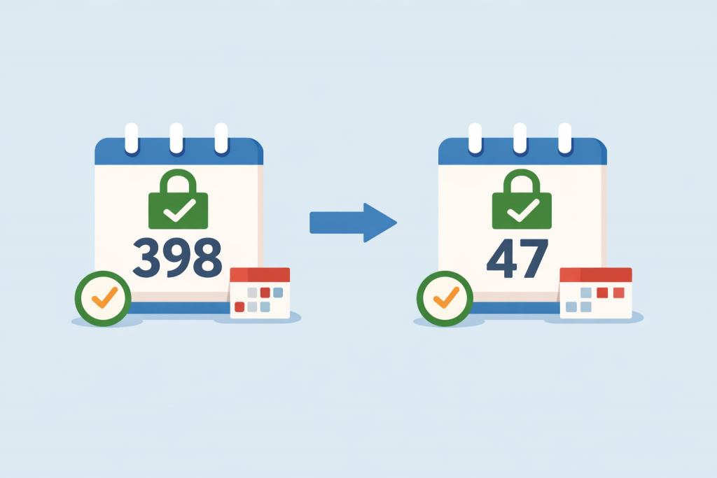 Зміна строку дії SSL-сертифіката з 398 днів до 47 днів, показана через календарі зі стрілкою між ними.