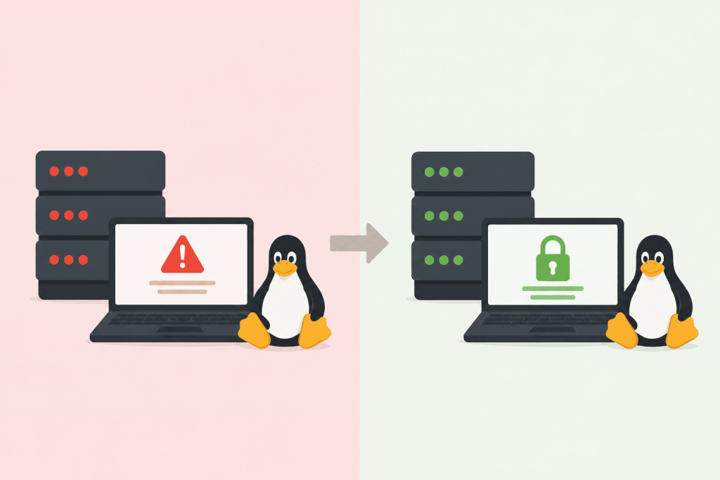 Порівняння вразливого та захищеного Linux VPS: сервер із попередженням змінюється на сервер із замком безпеки.