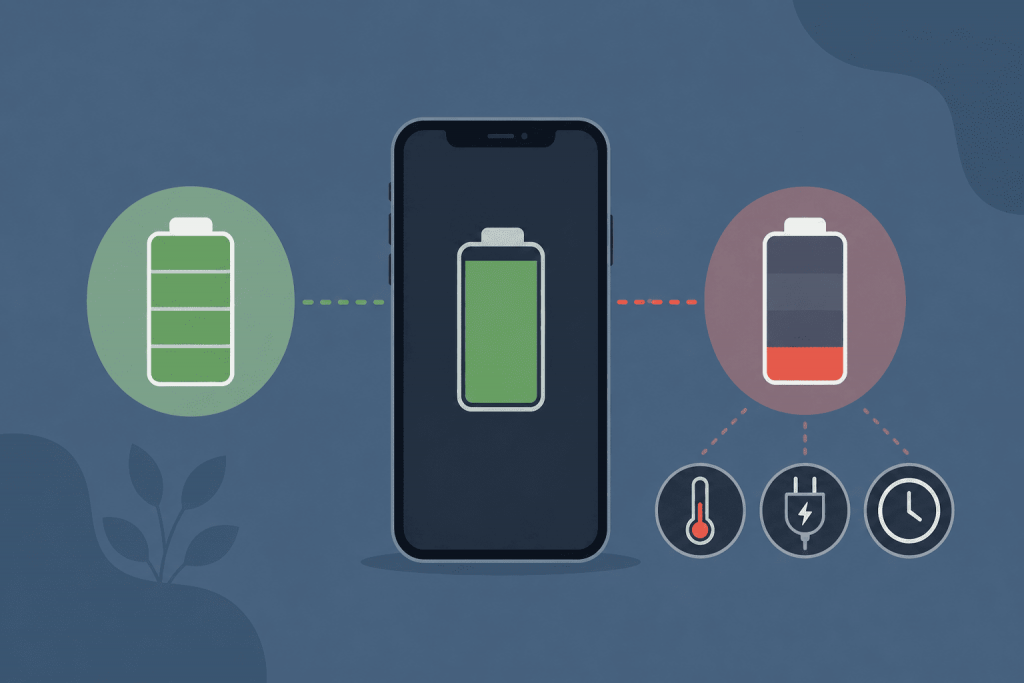 iPhone із показником заряду акумулятора, поруч із яким порівнюється нормальний стан батареї та зниження ємності через нагрівання, заряджання й час.