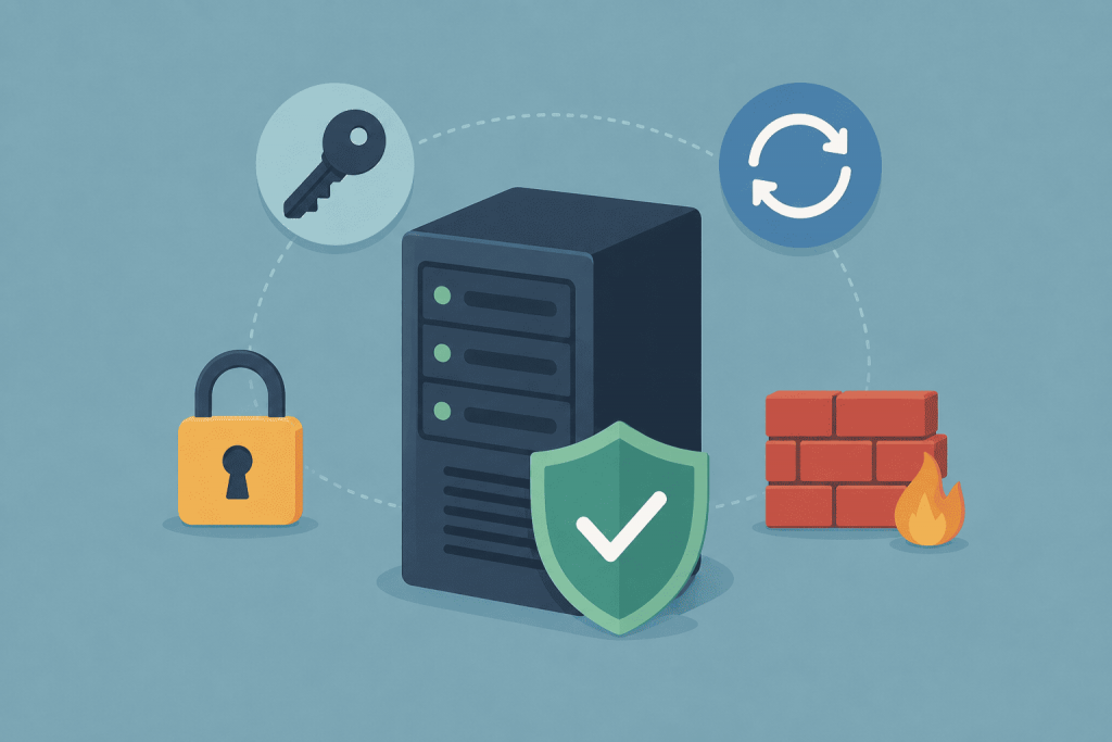 VPS-сервер із базовими елементами захисту: замком, ключем доступу, оновленнями, файрволом і щитом безпеки.