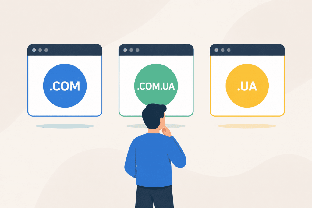 Людина обирає між трьома доменними зонами для сайту: .COM, .COM.UA і .UA.