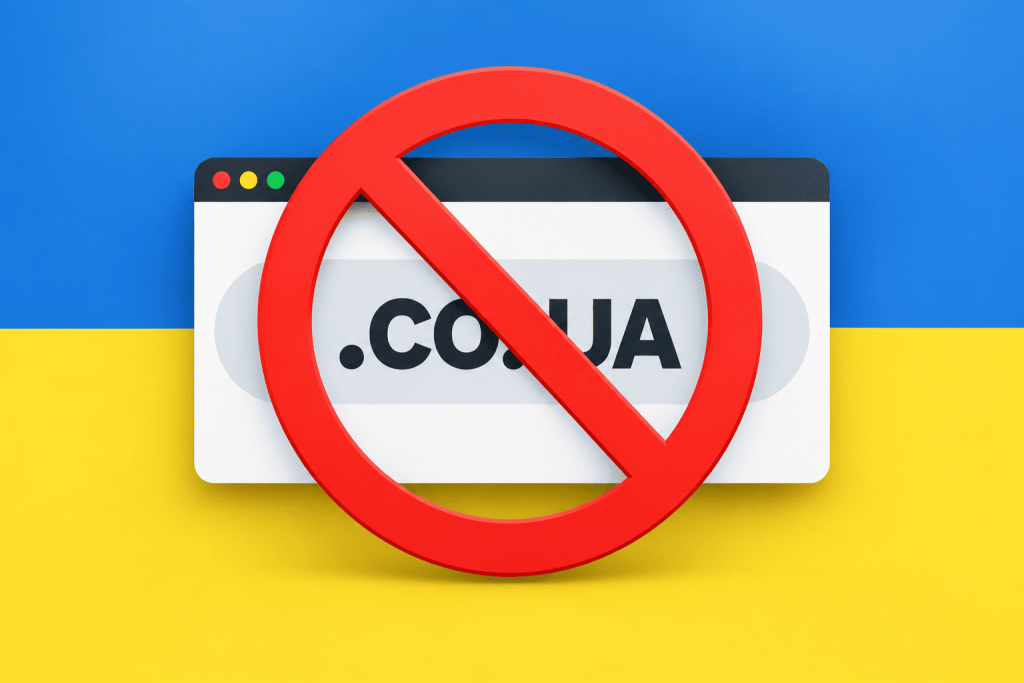 Домен .CO.UA показано на тлі синьо-жовтих кольорів України та перекрито великим червоним знаком заборони.