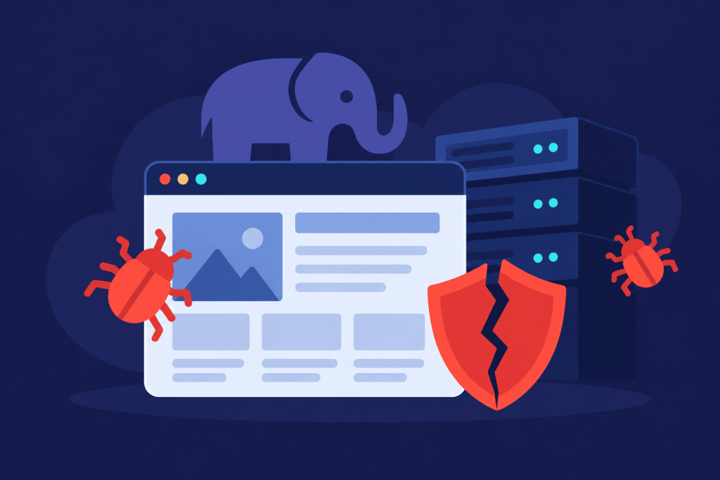 Ілюстрація критичних вразливостей PHP із символом слона, вебсайтом, серверами, шкідливими програмами та зламаним щитом безпеки.