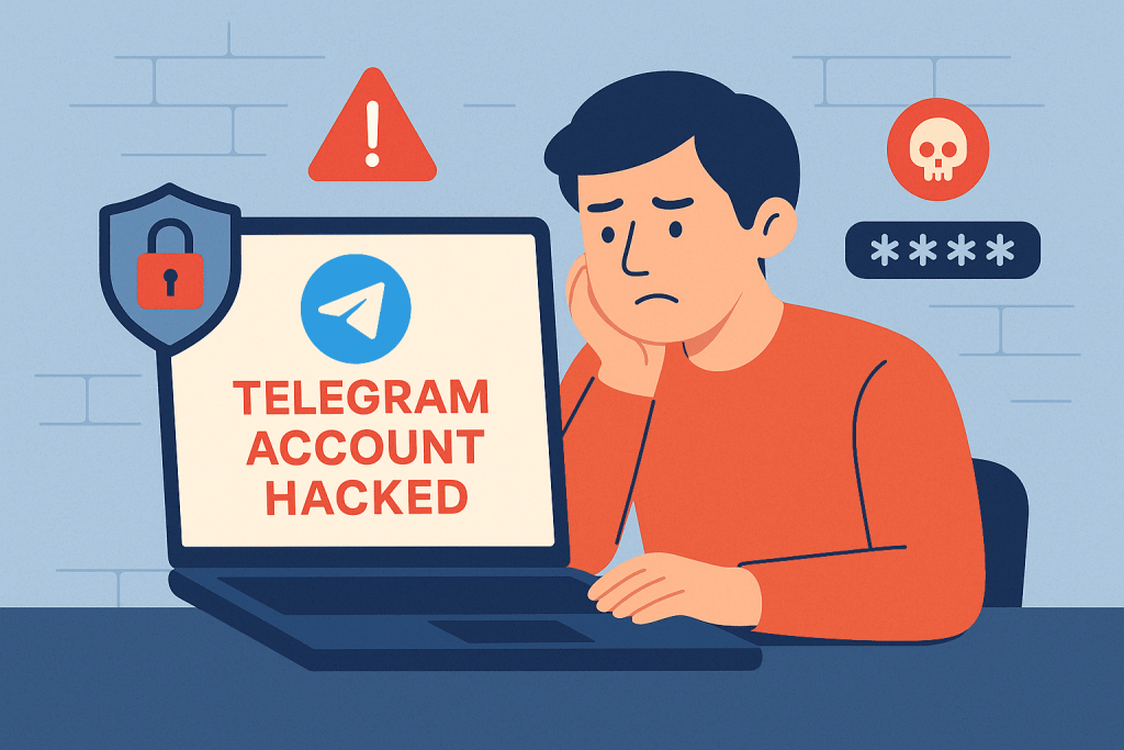 Мужчина в красной кофте сидит за ноутбуком с сообщением «Telegram account hacked», вокруг значки пароля, черепа и замка.
