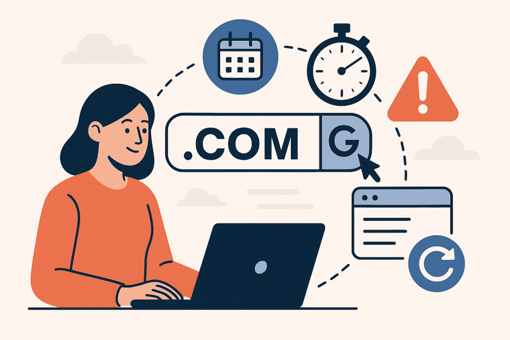 Женщина работает за ноутбуком, на экране изображен домен .COM с пометками календаря, таймера, предупреждающего знака и кнопки обновления.