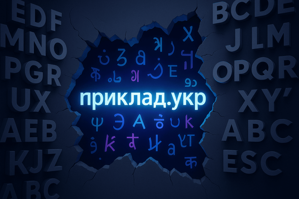 Светящаяся надпись «приклад.укр» среди символов разных языков, вырывающаяся сквозь стену из латинских букв.
