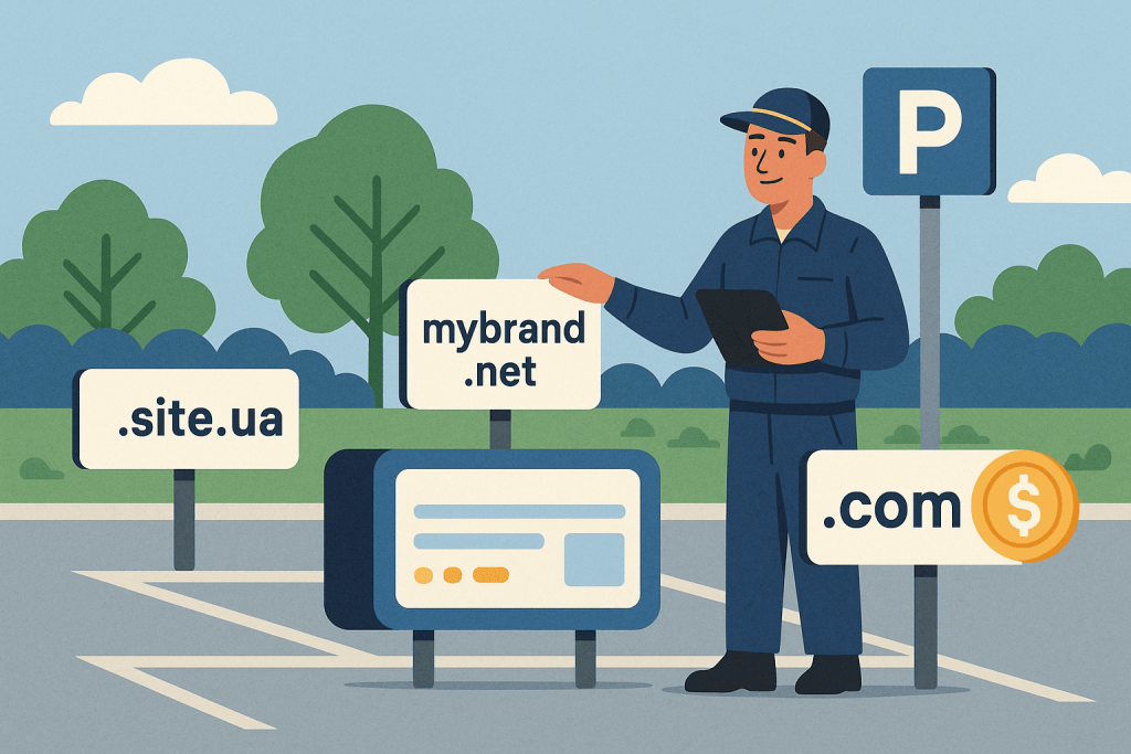 Мужчина в форме стоит на парковке среди вывесок с доменными зонами .site.ua, .net, .com, символизирующих парковку доменов.