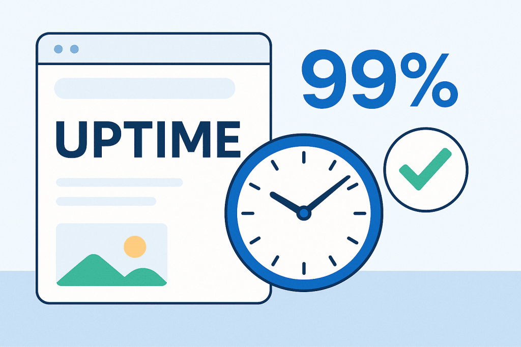 Экран с надписью "UPTIME", рядом с часами, цифрой 99% и зеленым обозначением галочкой.