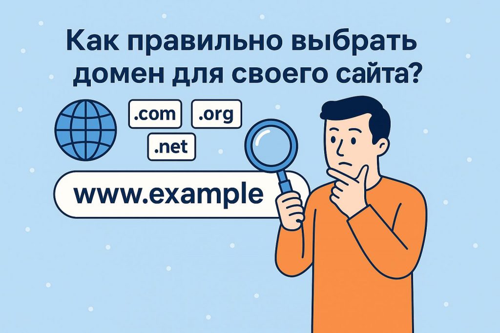 Иллюстрация мужчины с лупой, который задумывается о выборе доменного имени. Рядом изображены иконка глобуса, варианты доменных зон (.com, .org, .net) и надпись «www.example».