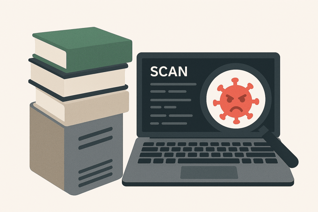 Ноутбук с надписью SCAN и изображением вируса под увеличительным стеклом, рядом стопка книг.