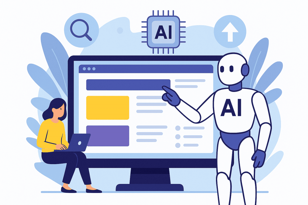 Иллюстрация с изображением работа с надписью "AI", которая показывает на экран большого монитора с сайтом, а рядом девушка работает на ноутбуке. Над экраном иконки поиска, процессора с AI и стрелки вверх, символизирующие развитие и оптимизацию.