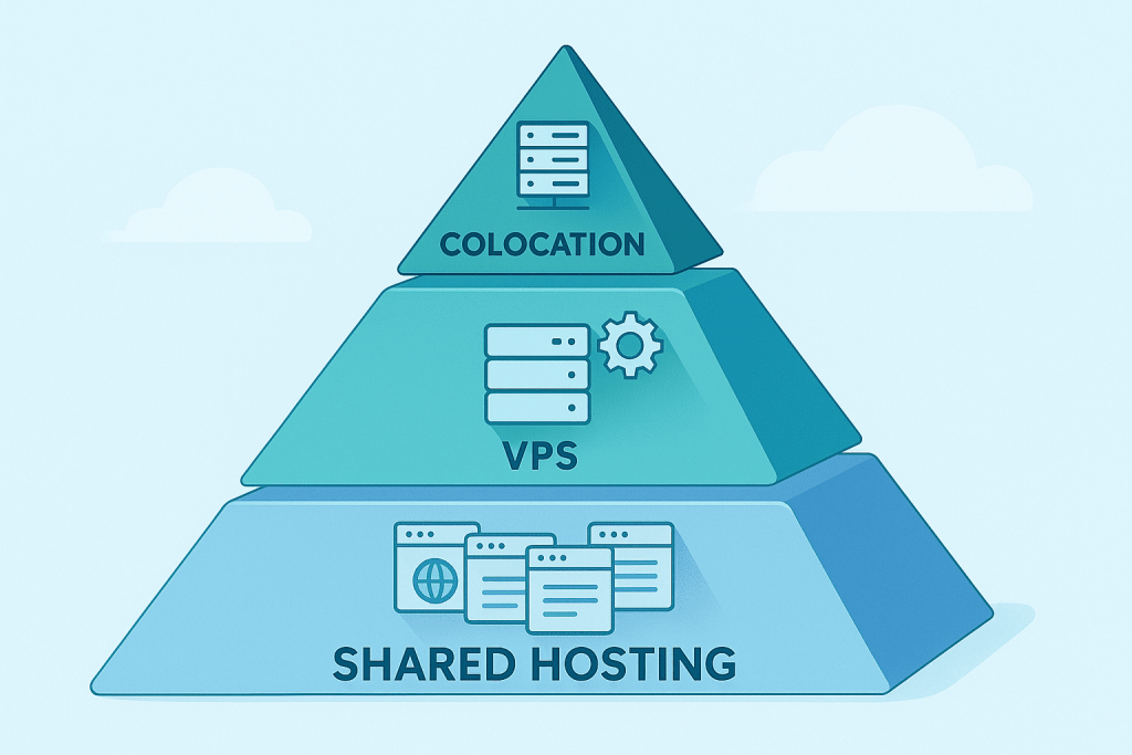 Пирамида с тремя уровнями: Shared Hosting внизу, VPS посередине и Colocation наверху.