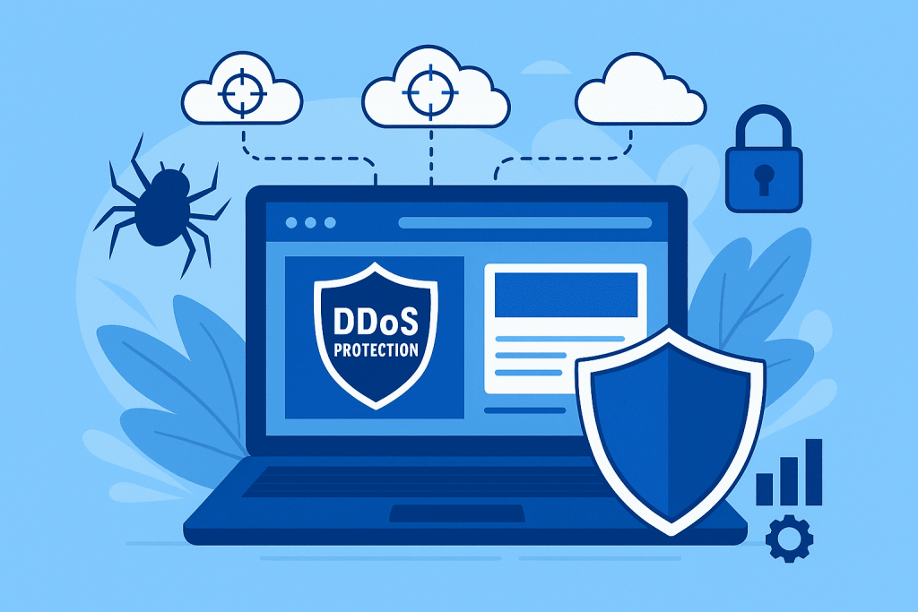 Иллюстрация ноутбука с экраном, где отображается щит с надписью "DDoS Protection". Над ноутбуком изображены облака с мишенями как символы атак, паук как образ киберугрозы, а справа расположен большой защитный щит и замок.