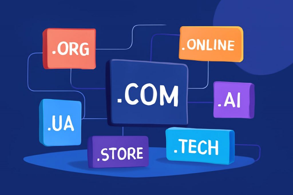 Цветные блоки с надписями доменных зон: .COM, .ORG, .UA, .STORE, .TECH, .ONLINE, .AI на темно-синем фоне.