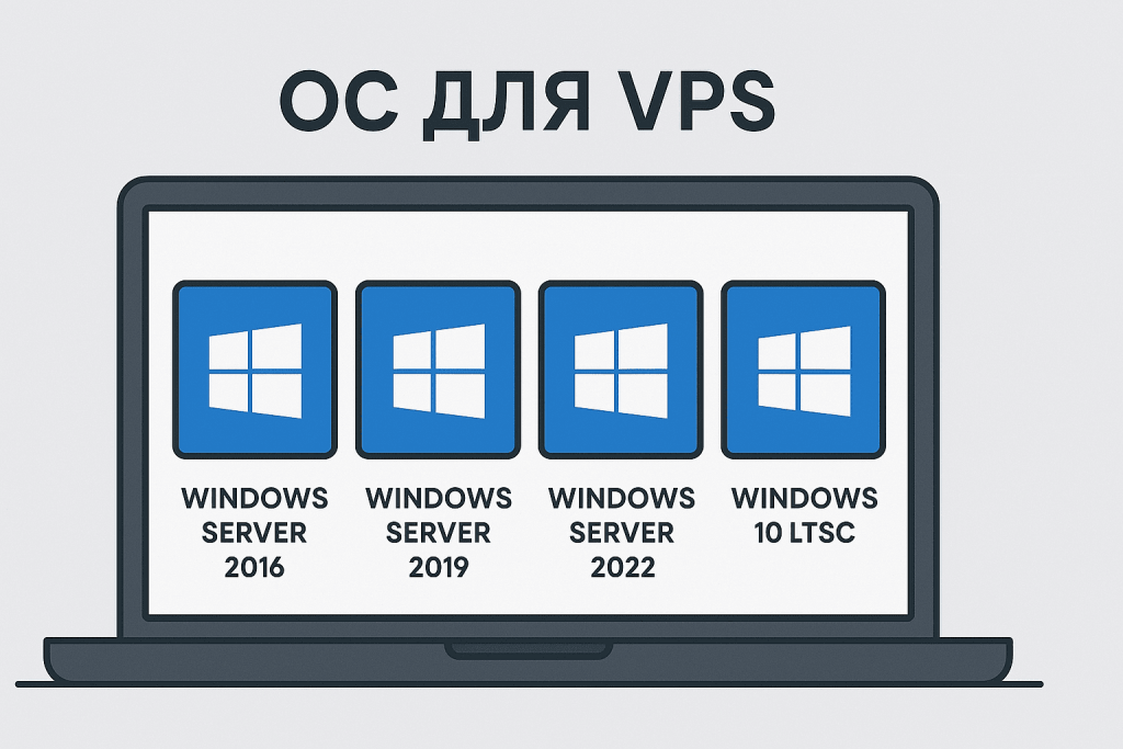 Ноутбук с четырьмя логотипами Windows, обозначающими Windows Server 2016, 2019, 2022 и Windows 10 LTSC.