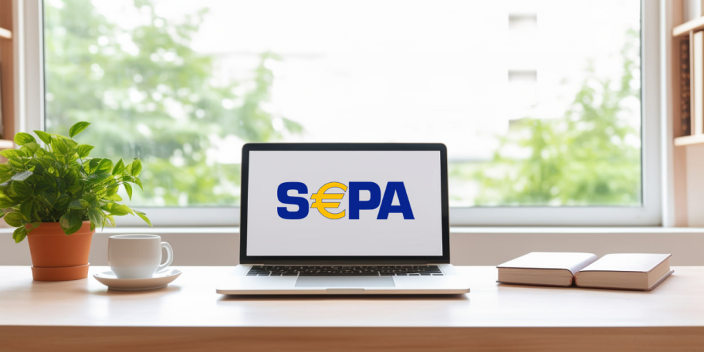 Ноутбук на столе с логотипом SEPA на экране, рядом чашка кофе, книги и растение.