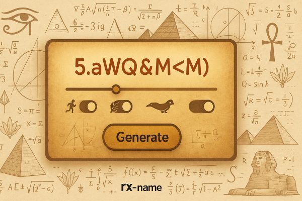 Экран с полем для создания случайного пароля и кнопкой Generate на фоне египетских символов и математических формул.