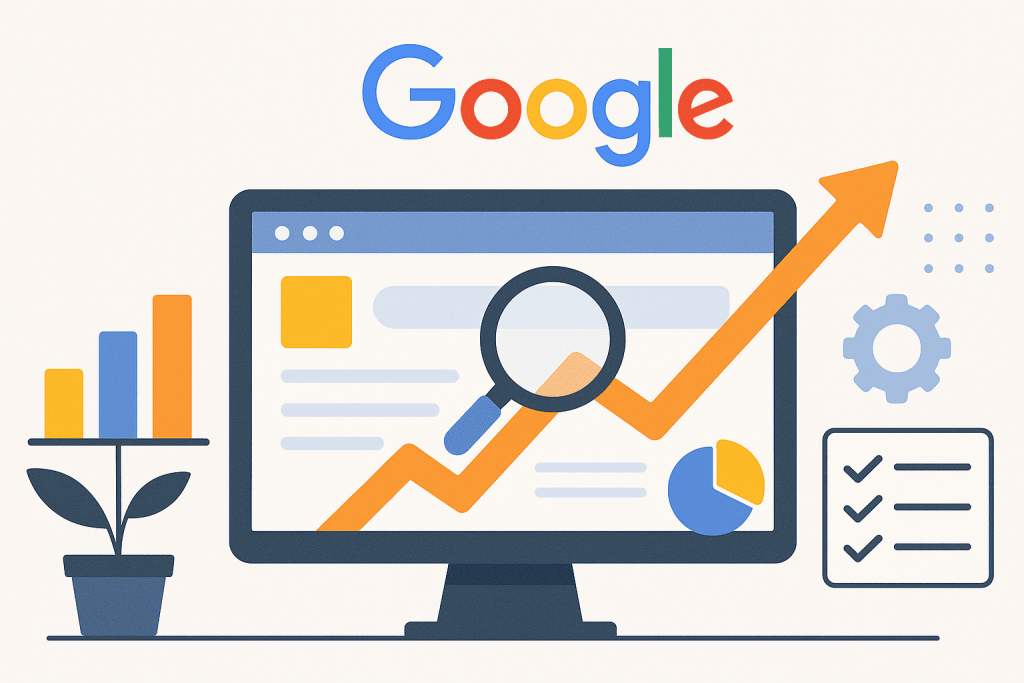 Монитор с графиками роста и значок лупы на фоне логотипа Google, рядом с диаграммой и чек-лист.