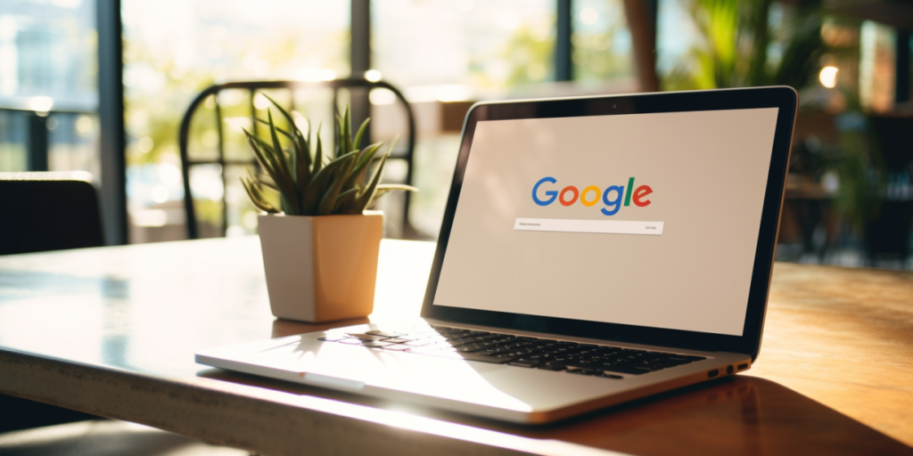 Ноутбук с открытой главной страницей Google на столе рядом с комнатным растением.