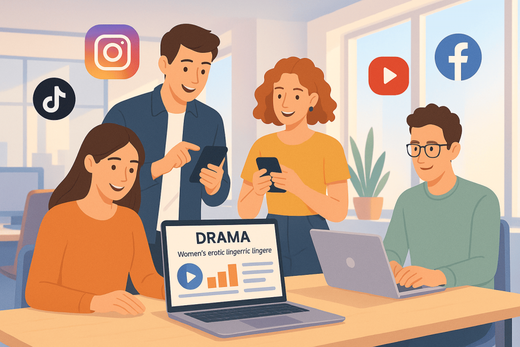 Группа молодых людей, работающих с ноутбуками и смартфонами в офисе. На экране ноутбука показана презентация с графикой и надписью DRAMA. Вокруг – логотипы TikTok, Instagram, YouTube и Facebook, символизирующие соцсети.