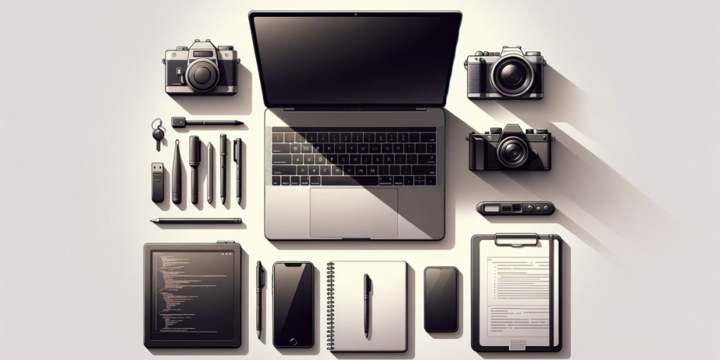Ноутбук, планшет, смартфон, фотоаппараты и другие рабочие инструменты, разложенные в минималистичном стиле на светлом фоне.