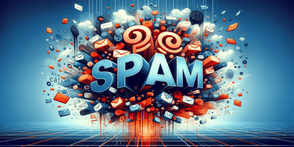 Взрыв скопления конвертов и ярких элементов вокруг большого слова SPAM.