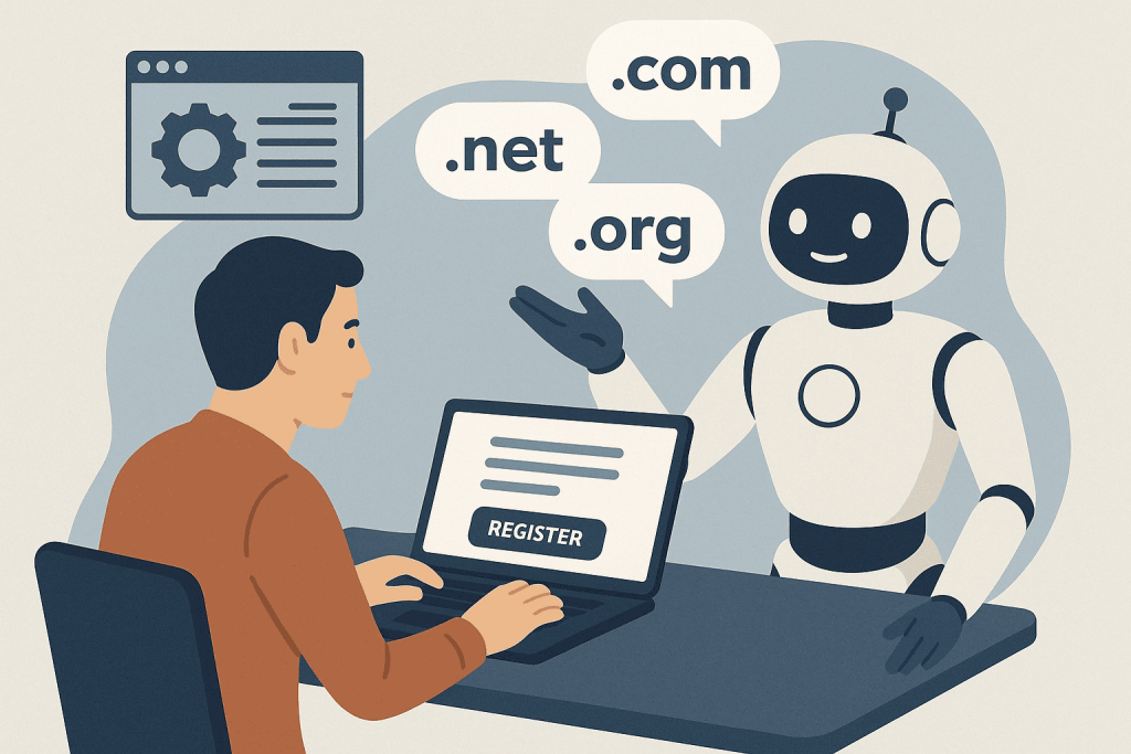 Человек регистрирует домен с помощью работы с элементами искусственного интеллекта.