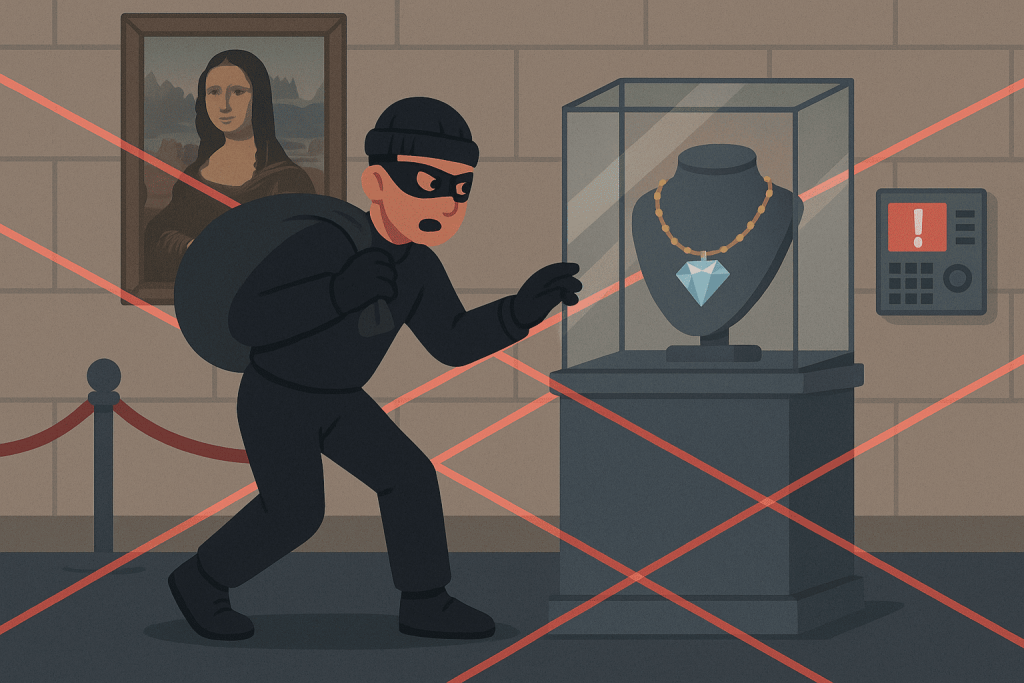Грабитель пробирается к драгоценности в музее, игнорируя сигнализацию и лазерные датчики.