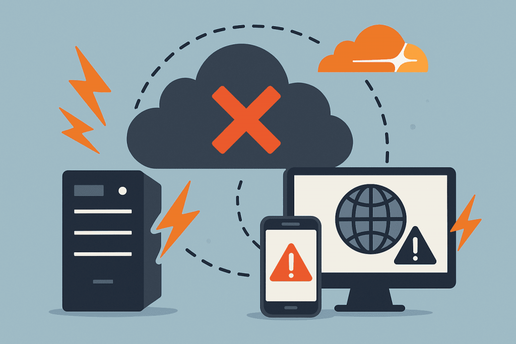 Сервер, смартфон и компьютер показывают ошибки при сбое облачной инфраструктуры.