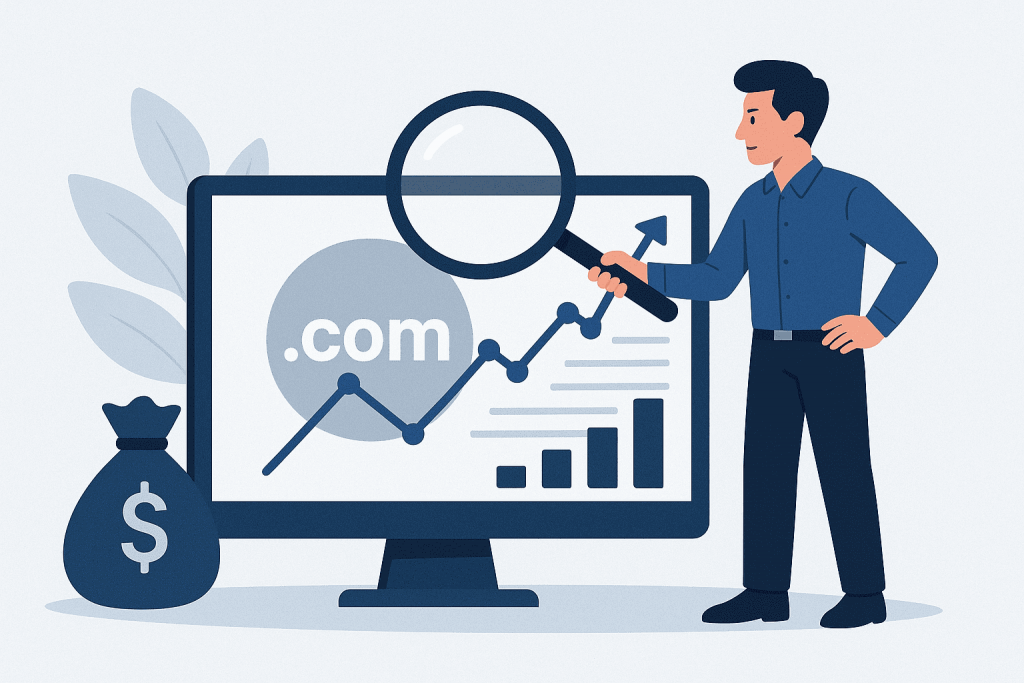 Человек держит лупу перед экраном компьютера, на котором изображен домен .com и график роста стоимости.
